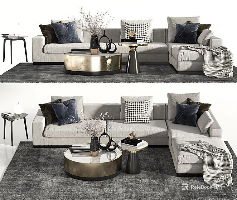 Modern Sectional Sofa and Coffee Table Set With Plush Pillows Neutral Tones Vase Throw Blanket 3d model