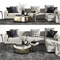 Modern Sectional Sofa and Coffee Table Set With Plush Pillows Neutral Tones Vase Throw Blanket 3d model