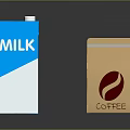 Daily Living Items Blue White Milk Carton And Brown Coffee Packet