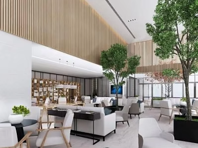 Modern Hotel Public Lounge With Wooden Decor Green Plants And Comfortable Seating Areas 3d model