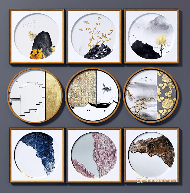 Chinese Style Landscape Paintings With Circular Square Frames Gold Borders And Ink Wash Elements 3d model