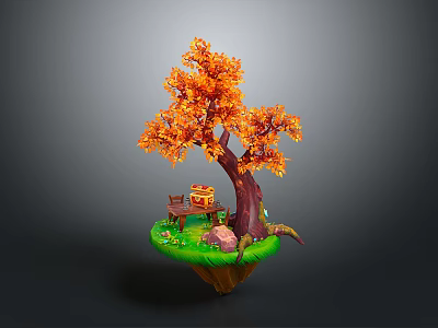 Tree with orange leaves on green island with beehive bench and rock 3d model