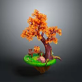 Tree with orange leaves on green island with beehive bench and rock