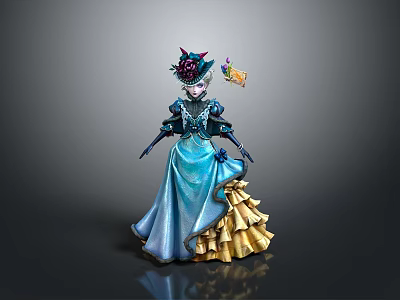 Elegant Decorative Household Figurine In Blue Yellow Dress With Floral Hat And Bird Accessory 3d model