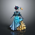 Elegant Decorative Household Figurine In Blue Yellow Dress With Floral Hat And Bird Accessory