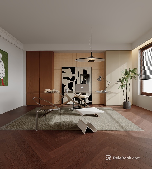 Modern Study Room Interior with Wooden Cabinets Pendant Light Desk Laptop and Green Plant 3d model 