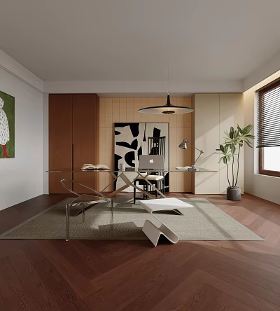 Modern Study Room Interior with Wooden Cabinets Pendant Light Desk Laptop and Green Plant 3d model