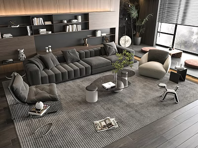 Modern Living Room Gray Sofa And Coffee Table Set With Armchair Bookshelf And Decorative Rug 3d model