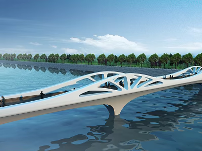 Modern Architectural Bridge With Unique Cutout Design Over Water Surrounded by Trees and Blue Sky 3d model