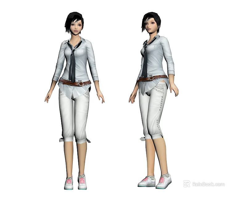 Two Women Wearing White Shirts Ties Brown Belts And White Cropped Pants With Pink Shoes 3d model 