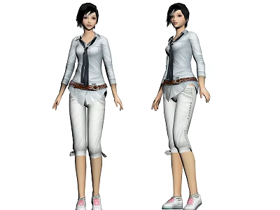 Two Women Wearing White Shirts Ties Brown Belts And White Cropped Pants With Pink Shoes 3d model