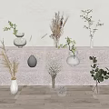 Decorative Vases with Flowers Green Plants Dried Blooms Various Styles on Step Platform Light Background