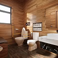 Modern Public Restroom With Wooden Walls Cubicles Sinks And Mirrors