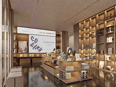 Modern Book Art Gallery Interior With Wooden Bookshelves Display Tables And Art Books 3d model