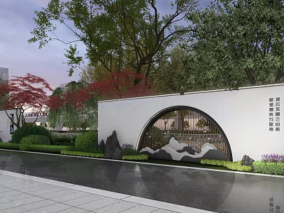 White Scenic Wall With Arch Openwork Design Landscape Trees Greenery And Water Surface 3d model