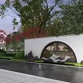 White Scenic Wall With Arch Openwork Design Landscape Trees Greenery And Water Surface