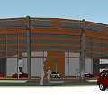 Modern Circular Building Design with Wooden Facade Roof and Surrounding Trees Cars