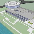 Modern Architectural Building With Glass Facade Curved Rectangular Design Front Plaza Green Space Road