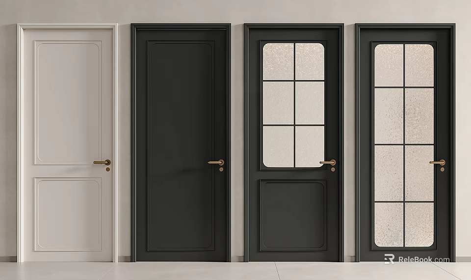 Hinged Doors in Various Styles White Black Paneled and Glass Paned with Golden Handles 3d model 