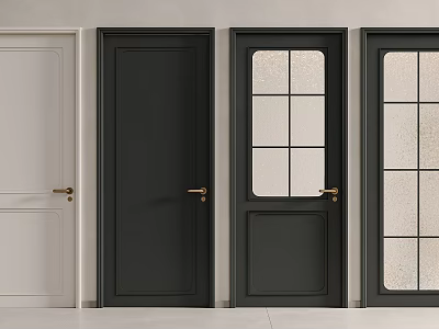 Hinged Doors in Various Styles White Black Paneled and Glass Paned with Golden Handles 3d model