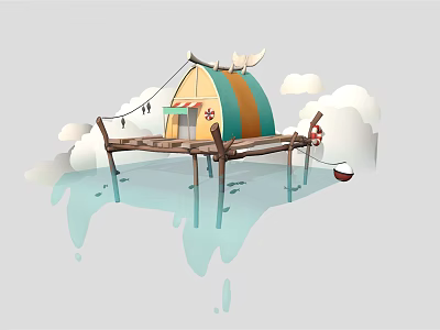 Cartoon Scenic Tent On Wooden Platform Over Water With Clouds And Small Boat 3d model