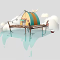 Cartoon Scenic Tent On Wooden Platform Over Water With Clouds And Small Boat