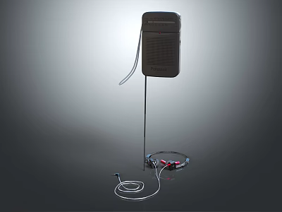 Black Speaker on Stand with Wired Headphones and Audio Cables 3d model