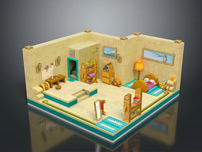 Cartoon Room Interior Featuring Brick Walls Wooden Bookshelf Bed Rug Lamp Desk And Picture Frame 3d model