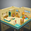 Cartoon Room Interior Featuring Brick Walls Wooden Bookshelf Bed Rug Lamp Desk And Picture Frame