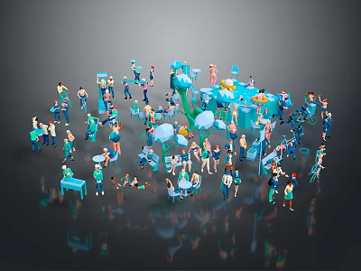 Group of Colorful Miniature People Standing Interacting with Tables and Umbrellas 3d model