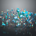 Group of Colorful Miniature People Standing Interacting with Tables and Umbrellas