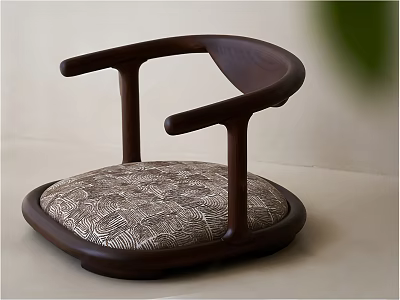 Minimalist Wooden Chair With Curved Armrests And Patterned Square Seat Cushion 3d model