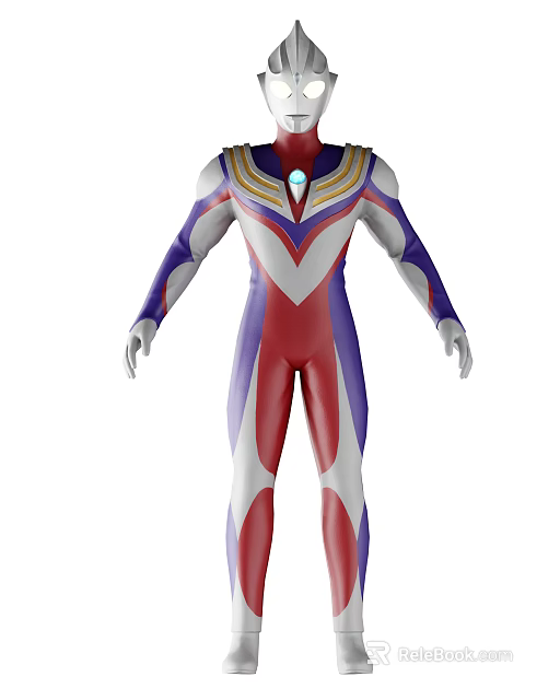 Red Blue White Bodysuit Game And Movie Character With Colorful Chest Stripes And Glowing Gem 3d model 