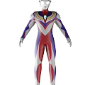 Red Blue White Bodysuit Game And Movie Character With Colorful Chest Stripes And Glowing Gem