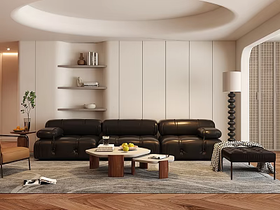 Modern Living Room Interior Design With Curved Ceiling Black Leather Sofa And Coffee Tables 3d model