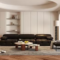 Modern Living Room Interior Design With Curved Ceiling Black Leather Sofa And Coffee Tables