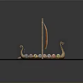 Ancient Water Vessel With Orange White Sail Wooden Oars And Dragon Head On Blue Water
