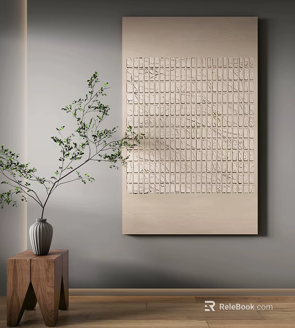 Beige Wall Decor With Grid Pattern Artwork Green Plant And Vase On Wooden Stand 3d model 
