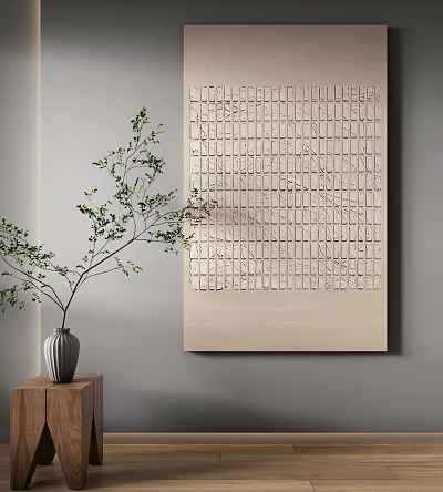 Beige Wall Decor With Grid Pattern Artwork Green Plant And Vase On Wooden Stand 3d model