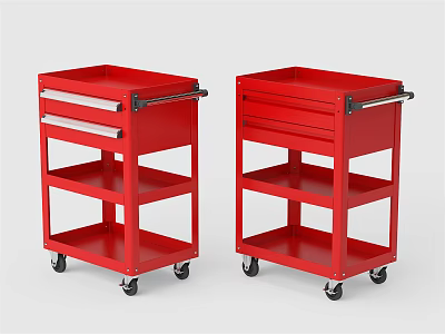 Two Red Utility Carts With Drawers Multiple Shelves And Rolling Wheels 3d model