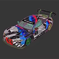 Sleek Race Car With Colorful Geometric Livery And Rear Wing Design