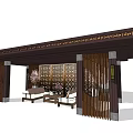 Chinese Traditional Lounge Space With Wooden Roof Carved Screen And Sofa Furniture