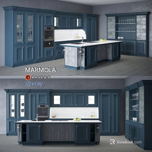 Modern Blue Kitchen Cabinets With Marble Island Counter And Design Elements 3d model 