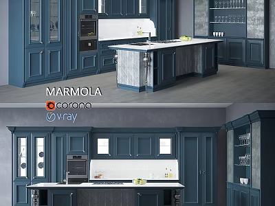 Modern Blue Kitchen Cabinets With Marble Island Counter And Design Elements 3d model