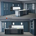 Modern Blue Kitchen Cabinets With Marble Island Counter And Design Elements