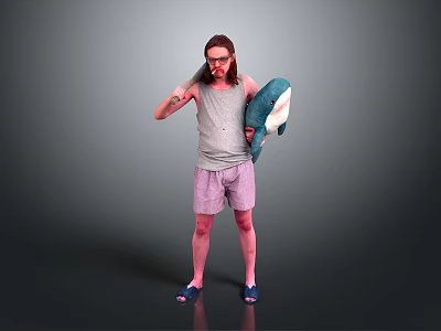 Man In Grey Tank Top Purple Shorts Holding Blue Shark Plush Toy 3d model