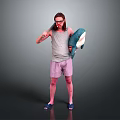 Man In Grey Tank Top Purple Shorts Holding Blue Shark Plush Toy