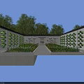 School Building Farm Area Entrance With Wooden Pergola And Trees