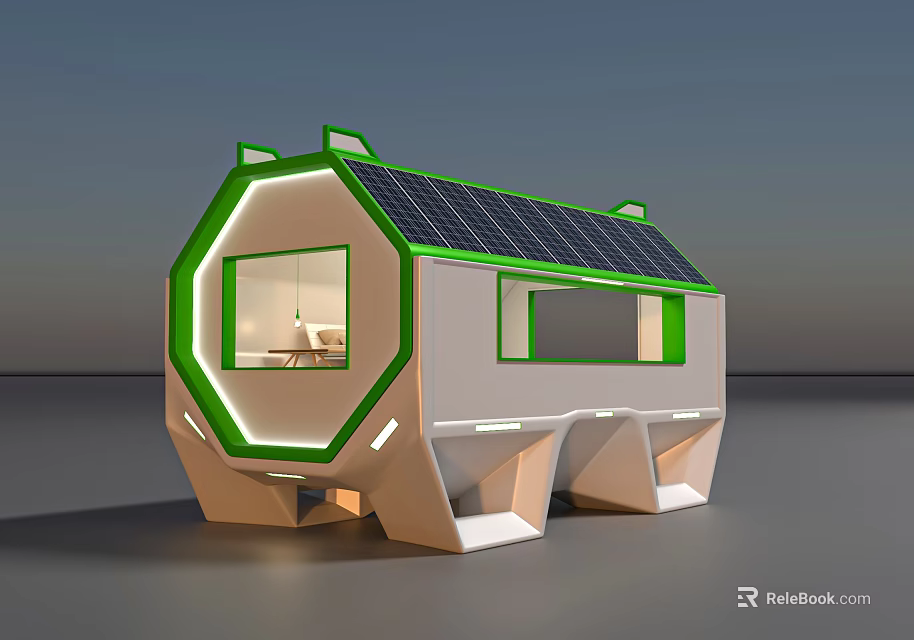 Modern Geometric Small House With Solar Panels And Green Trim Design 3d model 