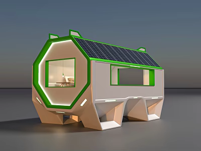 Modern Geometric Small House With Solar Panels And Green Trim Design 3d model